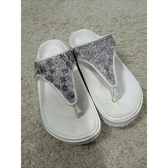 Skechers Luxe Foam Thong Sandals Size 9 Silver Black Sparkle Slides Wedge Bling - Picture 3 of 11